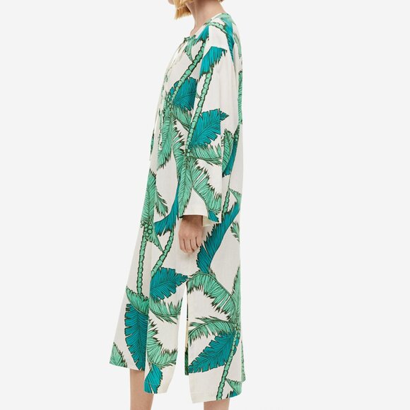 H&M Long Midi Palm Trees Leaves V-Neck Loose Fit Cotton Blend Dress with Lacing - Picture 3 of 14